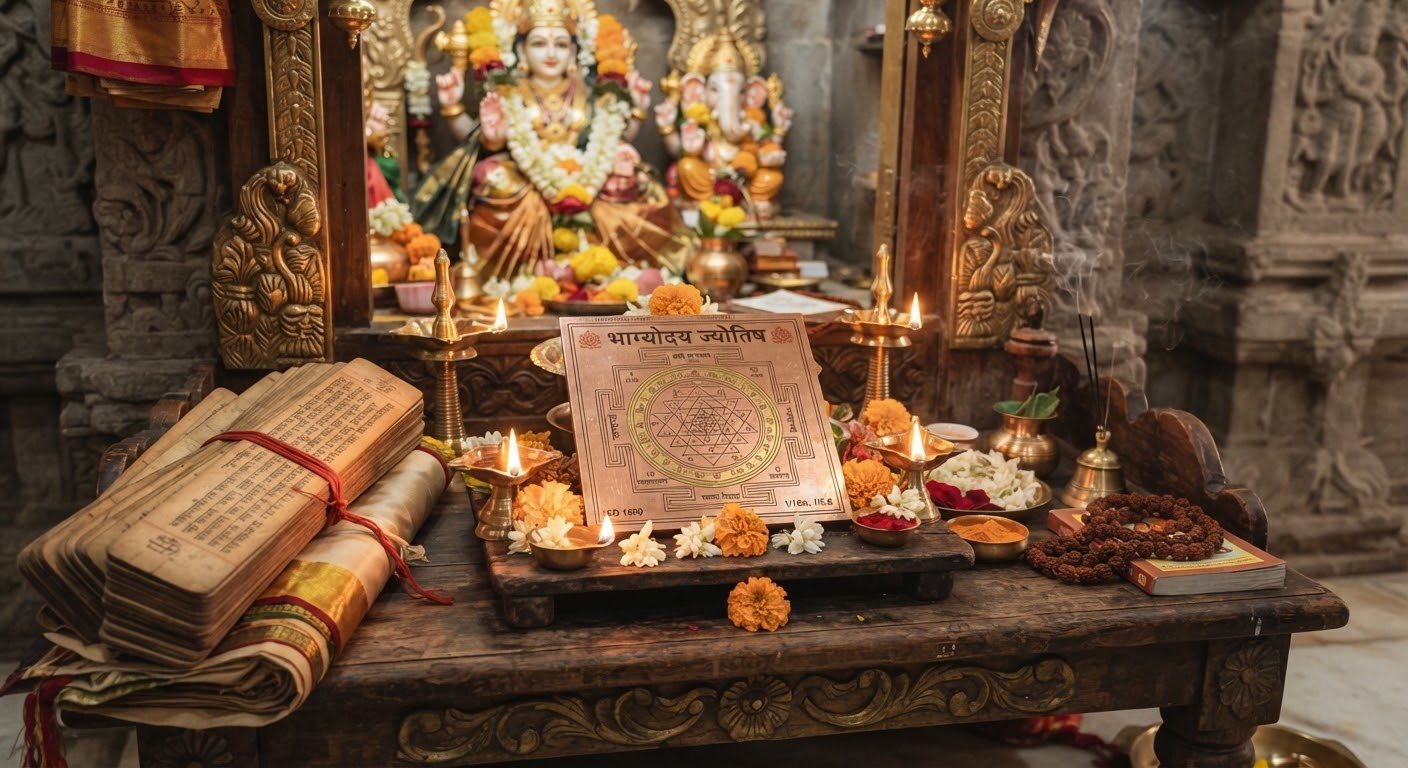 दीप, यंत्र व प्राचीन ग्रंथांसह पूजेची मांडणी